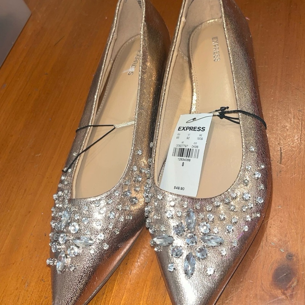 Express Rose Gold Embellished Pointed Toe Flats